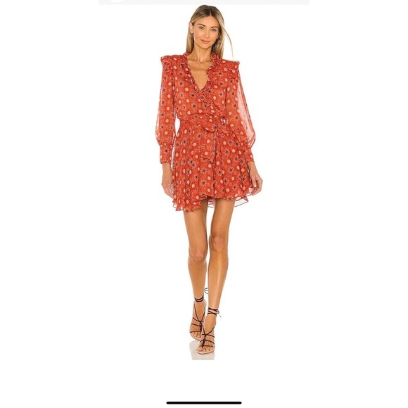MISA Los Angeles Floral Print Mini‎ Dress Ruffle Trim Long Sleeve Red XL - Picture 1 of 14
